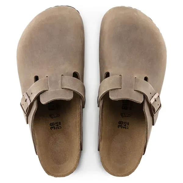 Birkenstock Boston Oiled Leather 960813 Unisex Narrow Tobacco Brown Nubuck Arch Support Buckle Sandals