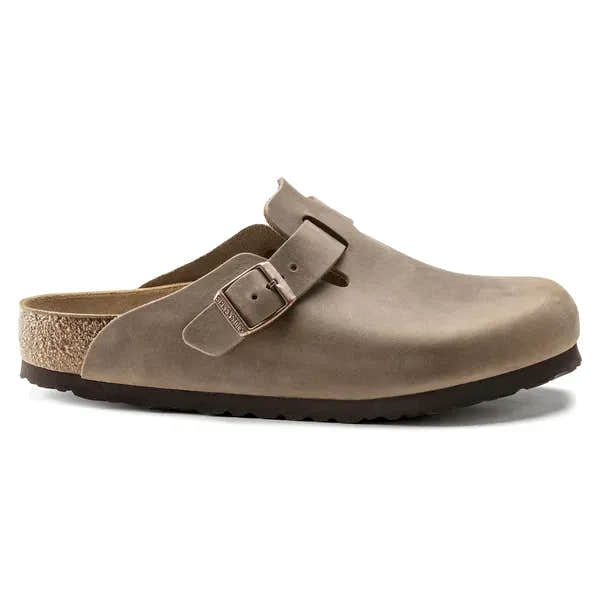 Birkenstock Boston Oiled Leather 960813 Unisex Narrow Tobacco Brown Nubuck Arch Support Buckle Sandals