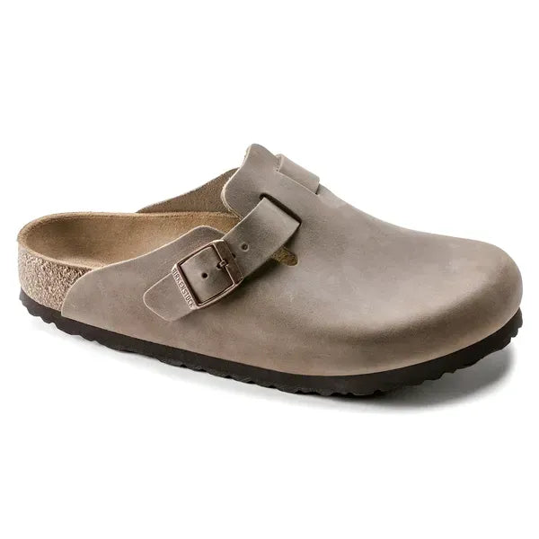 Birkenstock Boston Oiled Leather 960813 Unisex Narrow Tobacco Brown Nubuck Arch Support Buckle Sandals