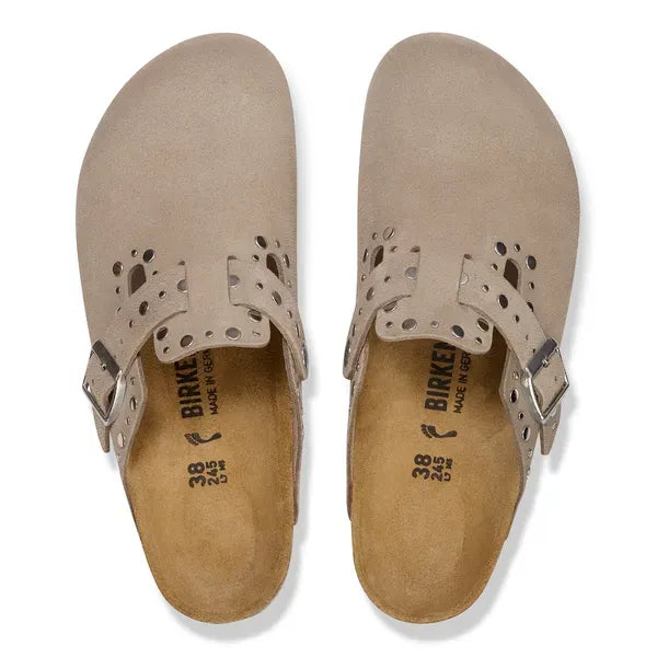 Birkenstock Boston Rivets Suede Ladies Narrow Taupe Buckle Sandals with arch support.