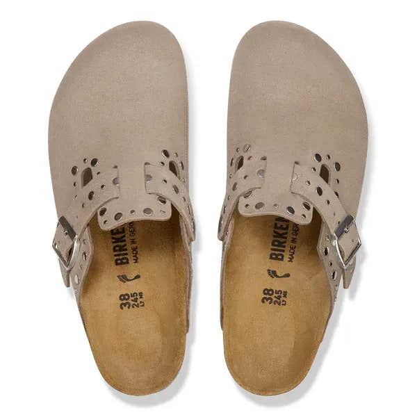 Birkenstock Boston Rivets Suede Ladies Narrow Taupe Buckle Sandals with arch support.