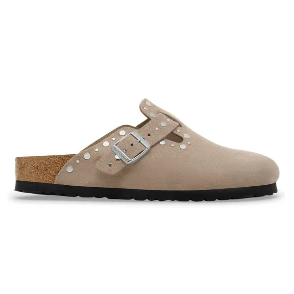 Birkenstock Boston Rivets Suede women's narrow taupe buckled arch support sandal with Rivet embellishments.