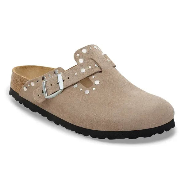 Women's taupe suede Birkenstock Boston Rivets arch support buckle sandals with narrow fit and textured sole.