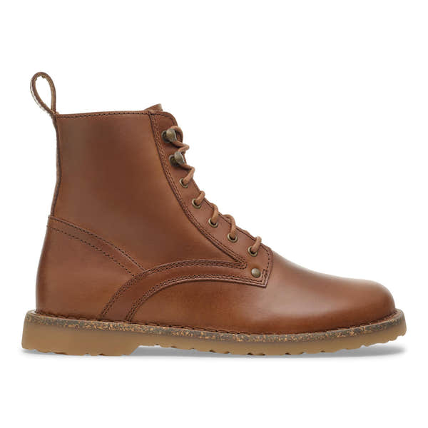 Birkenstock Bryson 1030103 women's cognac leather lace-up ankle boots with arch support and chunky sole.