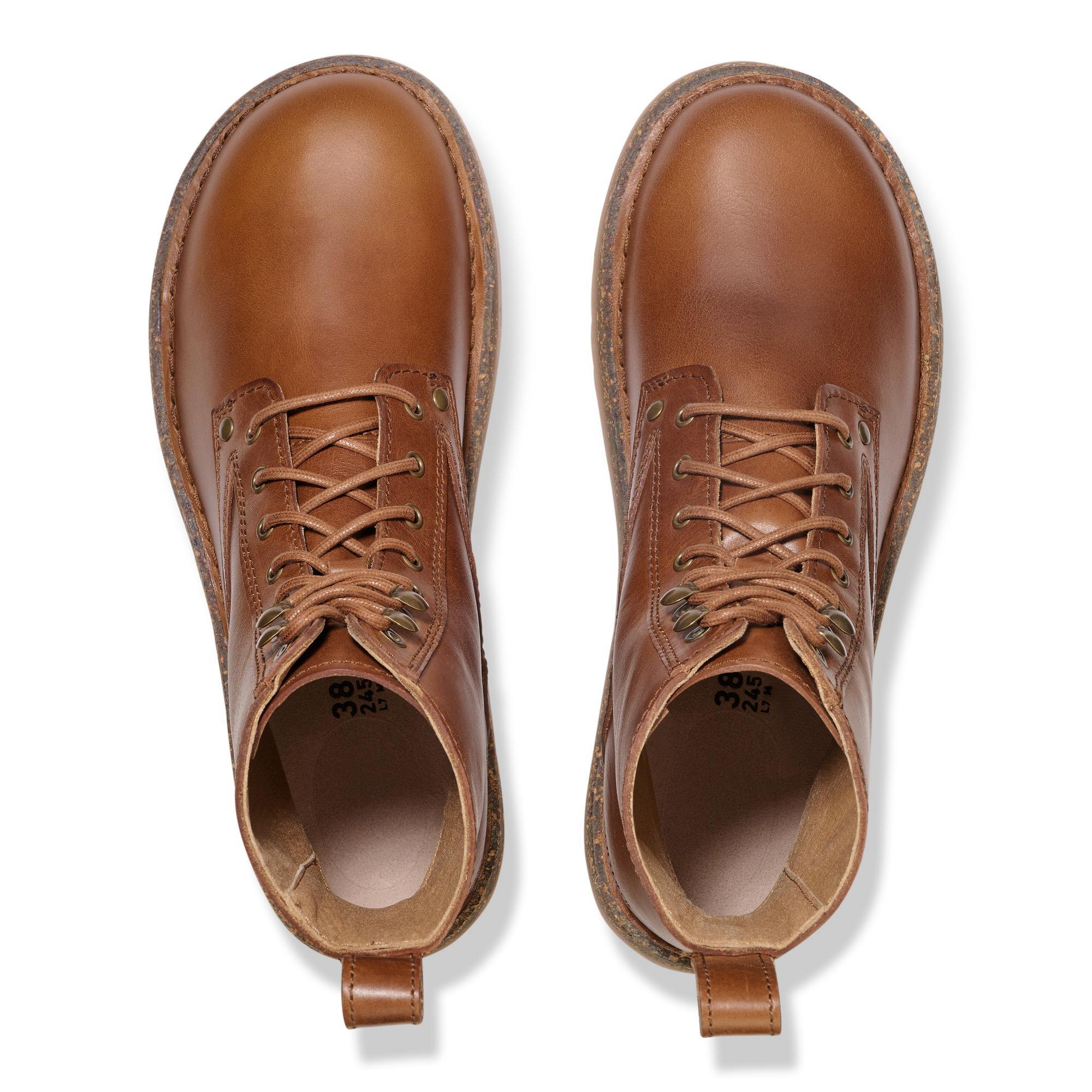 Birkenstock Bryson Ladies Cognac Leather Lace-Up Ankle Boots with arch support and rugged sole.