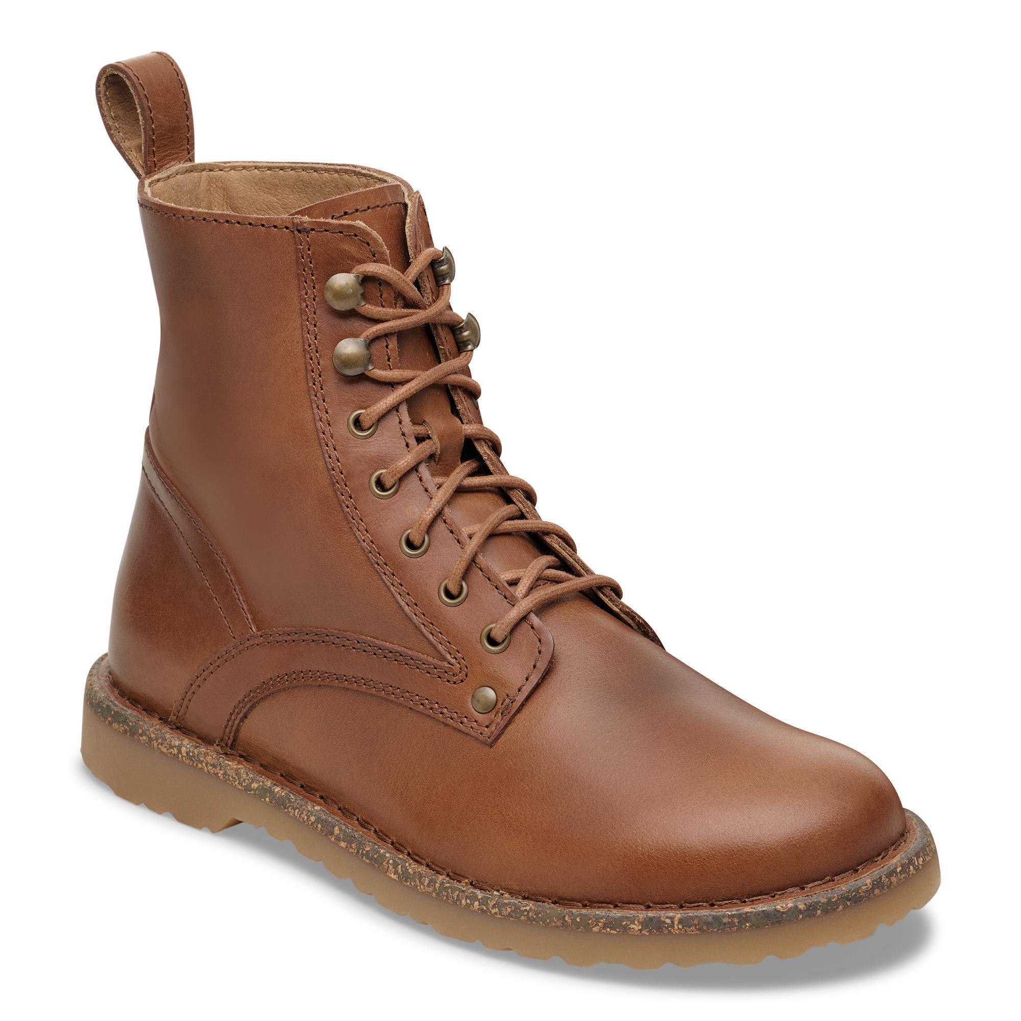 Birkenstock Bryson 1030103 women's cognac leather lace-up ankle boots with arch support and durable sole.
