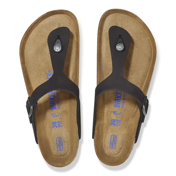 Black nubuck Birkenstock Gizeh women's arch support buckle sandals with contoured footbed and toe thong design.
