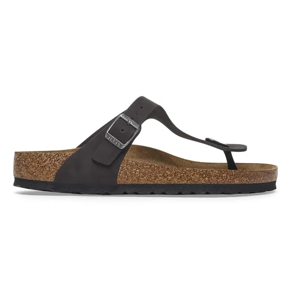 Birkenstock Gizeh ladies black nubuck arch support buckle sandals with cork footbed and adjustable strap.