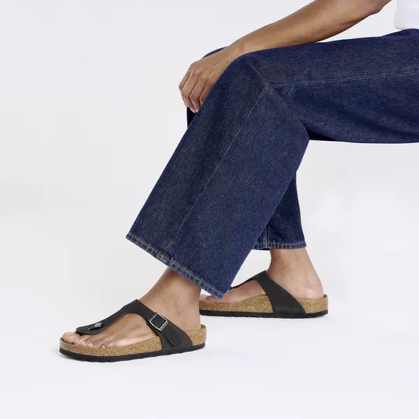 Birkenstock Gizeh Ladies Black Nubuck Arch Support Buckle Sandals, thong style with buckle, cork footbed, open toe, casual footwear.