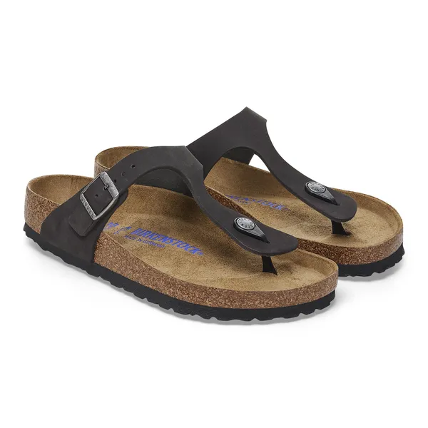 Birkenstock Gizeh women's black nubuck arch support buckle sandals with contoured cork footbed.