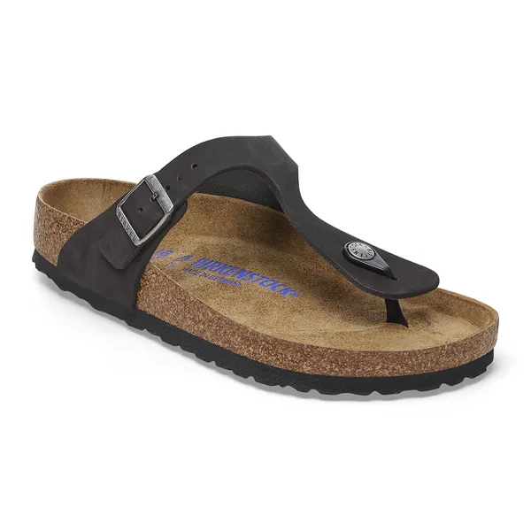 Birkenstock Gizeh women's black nubuck arch support buckle sandals with contoured cork footbed.