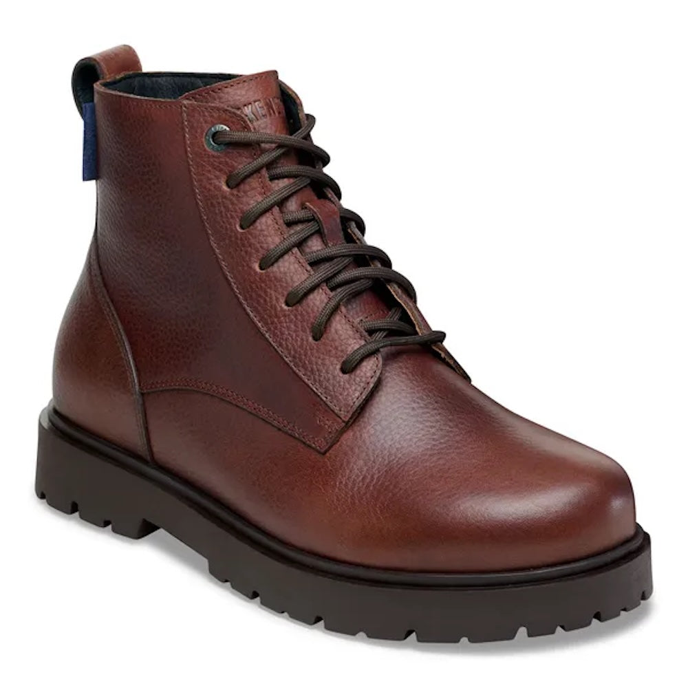 Birkenstock Highwood Lace Mid Men's waterproof leather ankle boots in chocolate with arch support and lace-up design.