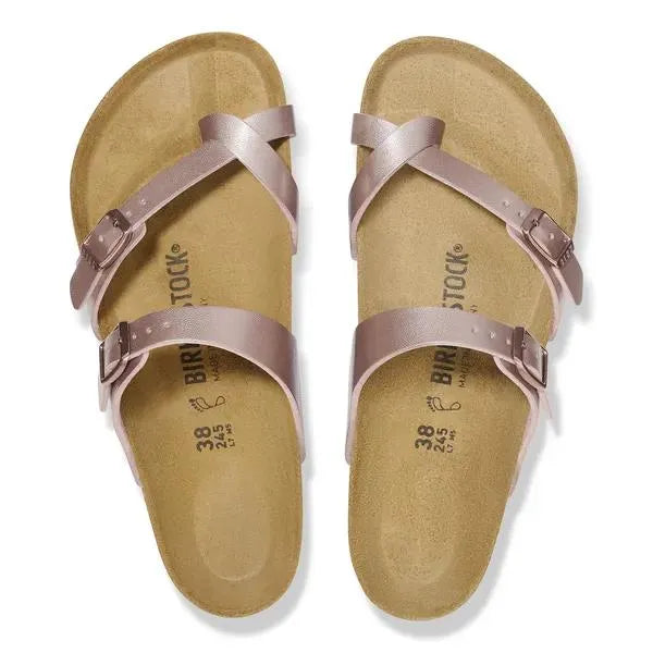 Birkenstock Mayari Birkoflor Ladies Copper Arch Support Buckle Sandals with adjustable straps and cushioned footbed.