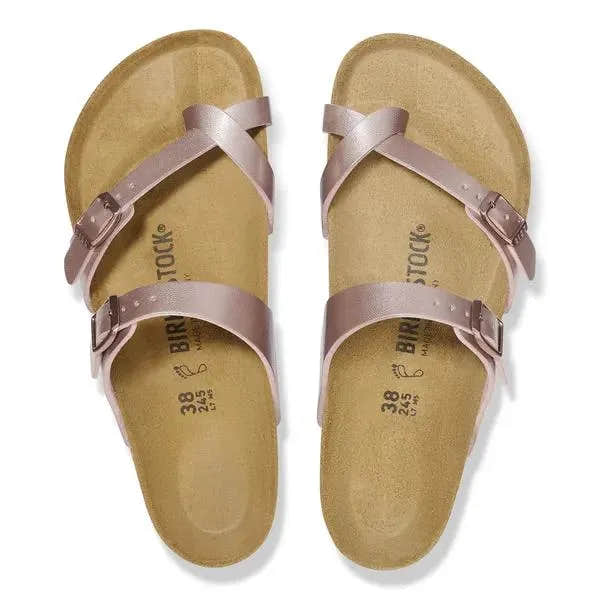 Birkenstock Mayari Birkoflor Ladies Copper Arch Support Buckle Sandals with adjustable straps and cushioned footbed.