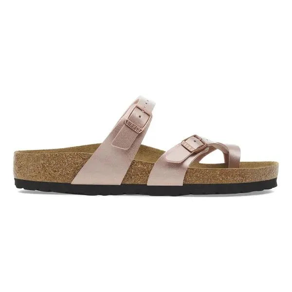 Birkenstock Mayari Birkoflor Ladies Copper Arch Support Buckle Sandals with adjustable buckles and cushioned cork footbed.