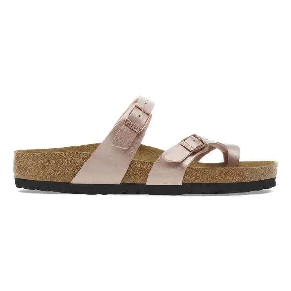 Birkenstock Mayari Birkoflor Ladies Copper Arch Support Buckle Sandals with adjustable buckles and cushioned cork footbed.