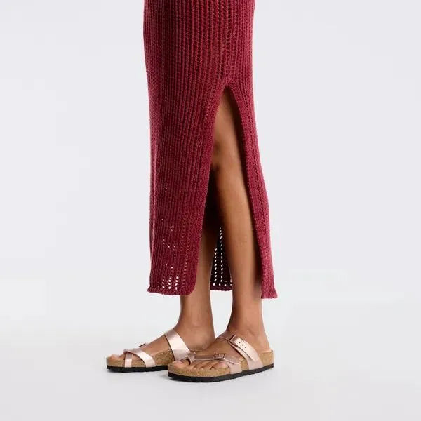 Birkenstock Mayari Birkoflor women's copper arch support buckle sandals with open-toe design and adjustable ankle strap.