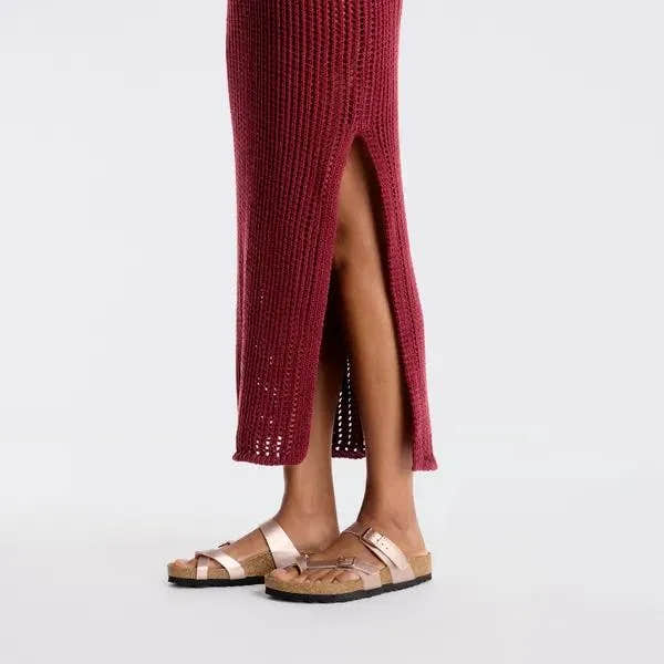 Birkenstock Mayari Birkoflor women's copper arch support buckle sandals with open-toe design and adjustable ankle strap.
