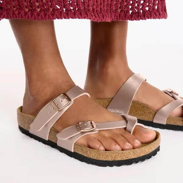 Birkenstock Mayari Birkoflor women's copper arch support buckle sandals with adjustable straps and cork footbed.