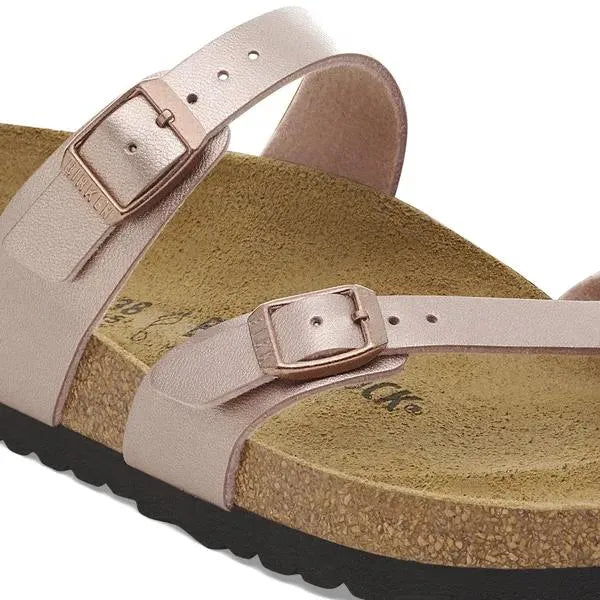 Birkenstock Mayari Birkoflor women's copper arch support buckle sandals with adjustable straps and cushioned cork footbed.