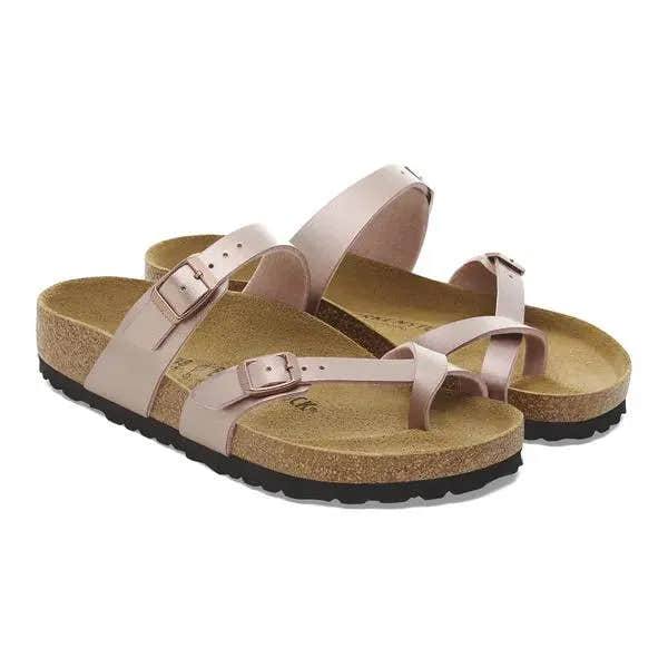 Birkenstock Mayari Birkoflor ladies copper arch support buckle sandals with cushioned footbed and adjustable straps.