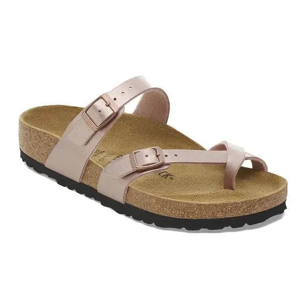 Birkenstock Mayari Birkoflor ladies copper arch support buckle sandal with strap design and cushioned footbed.