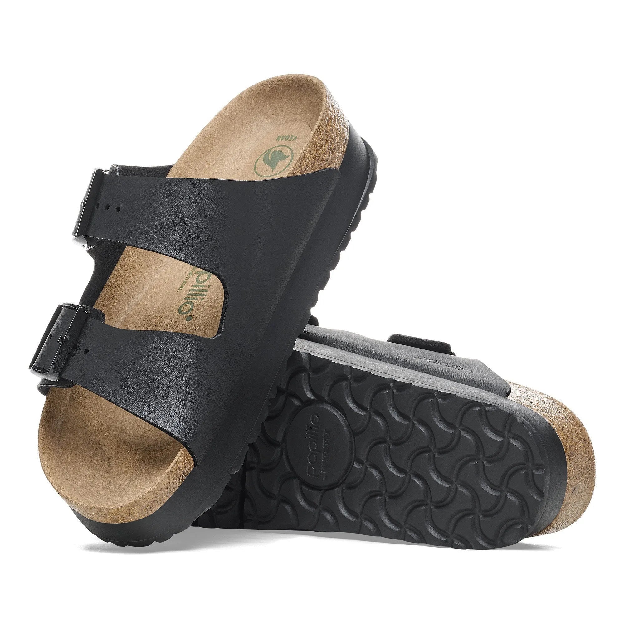 Black Birkenstock Papillio Arizona Flex Birkoflor platform narrow sandals with arch support and buckle straps.