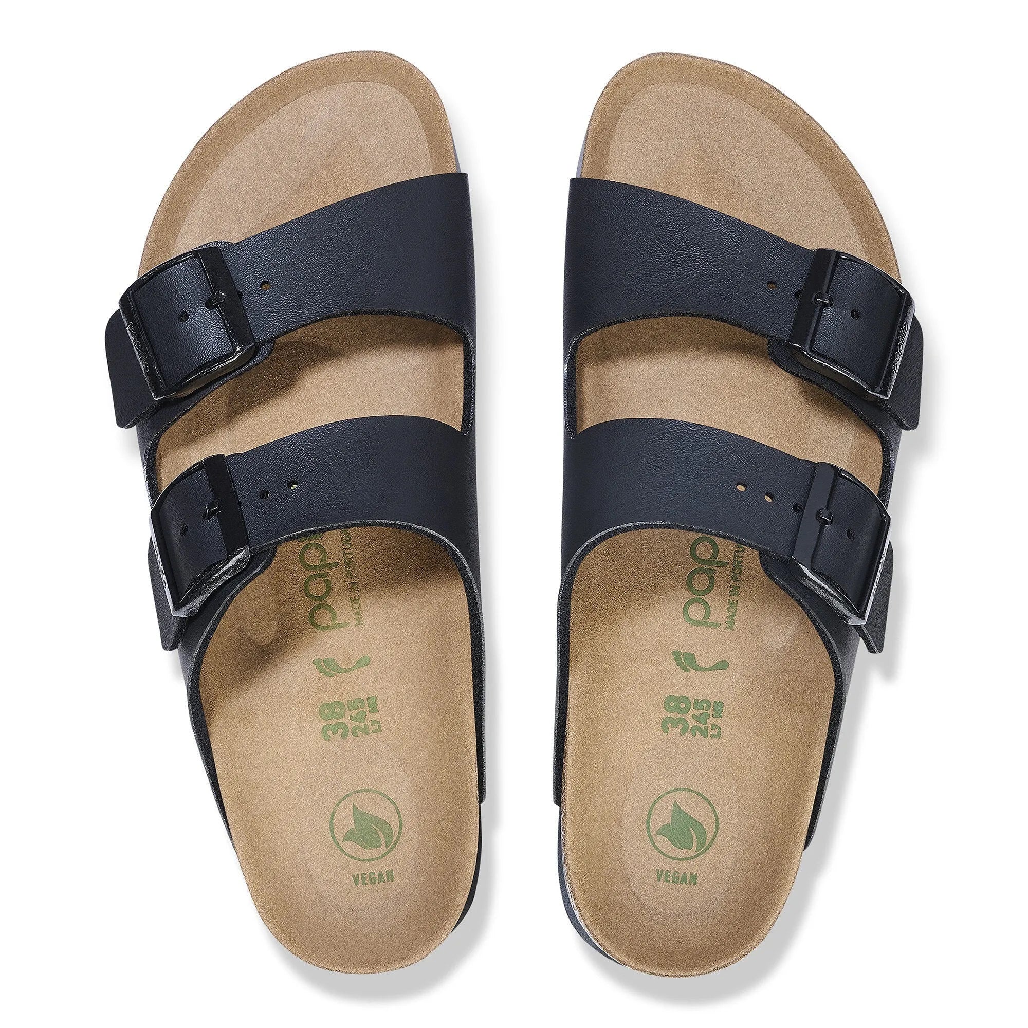 Black Birkenstock Papillio Arizona Flex Birkoflor platform narrow buckle sandals with arch support for women.