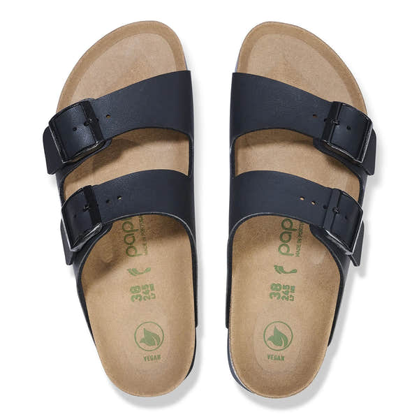 Black Birkenstock Papillio Arizona Flex Birkoflor platform narrow buckle sandals with arch support for women.
