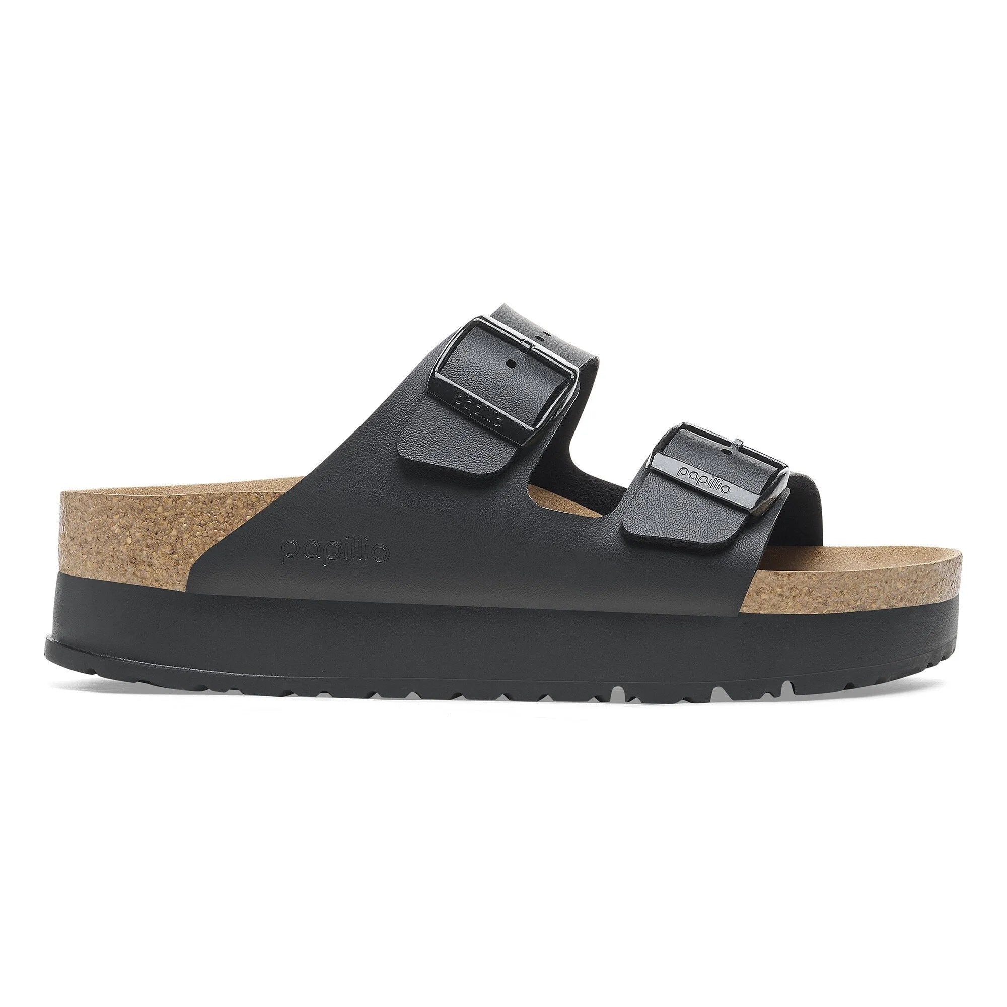Birkenstock Papillio Arizona Flex Birkoflor Platform women's narrow black sandal with arch support and buckle straps.