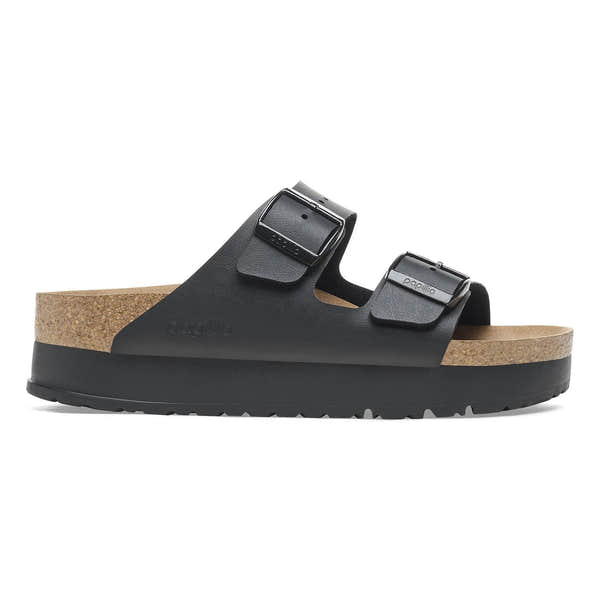 Birkenstock Papillio Arizona Flex Birkoflor Platform women's narrow black sandal with arch support and buckle straps.