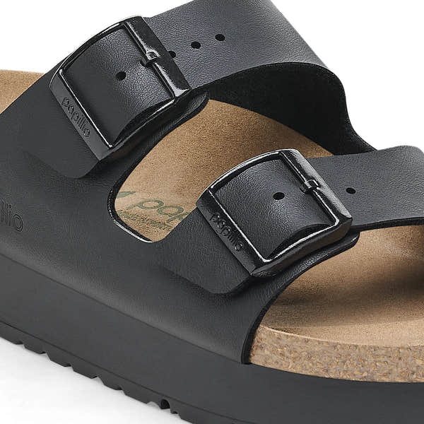 Birkenstock Papillio Arizona Flex Birkoflor platform women's narrow black sandals with arch support and buckle straps.