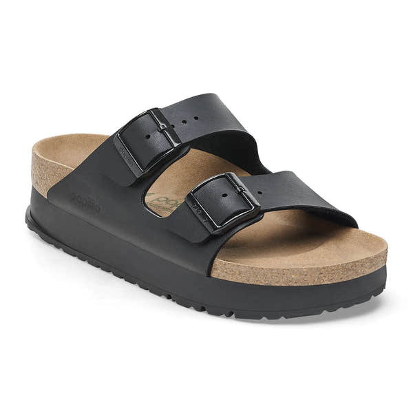 Black Birkenstock Papillio Arizona Flex Birkoflor platform women's narrow buckle sandals with arch support.