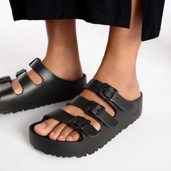 Birkenstock Papillio Florida EVA III Flex platform women's black slide sandals with buckle straps and arch support.