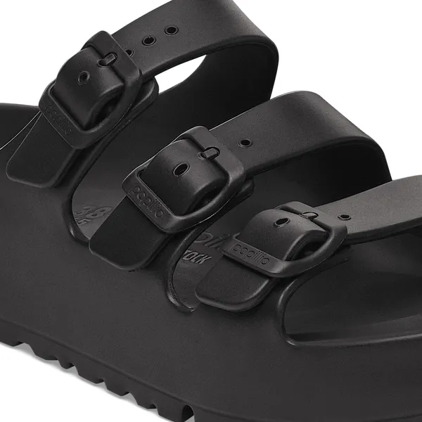 Birkenstock Papillio Florida EVA III Flex platform women's narrow black sandals with buckle straps and arch support.