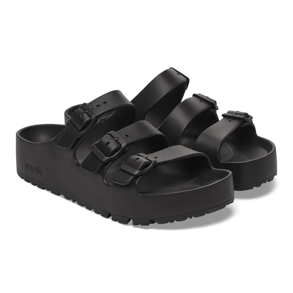 Birkenstock Papillio Florida EVA III Flex platform women's narrow black sandals with arch support and buckle straps.