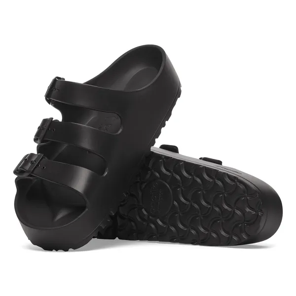 Birkenstock Papillio Florida EVA III Flex platform women's narrow black sandals with arch support and buckle straps.
