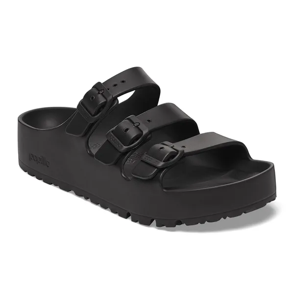 Birkenstock Papillio Florida EVA III Flex platform women's narrow black buckle slide sandals with arch support.