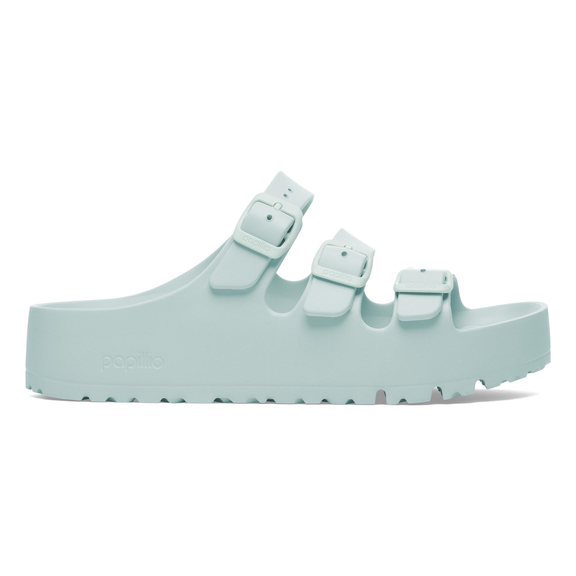 Birkenstock Papillio Florida EVA III Flex platform women's narrow sandals in surf green with buckle straps and arch support.
