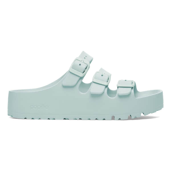 Birkenstock Papillio Florida EVA III Flex platform women's narrow sandals in surf green with buckle straps and arch support.