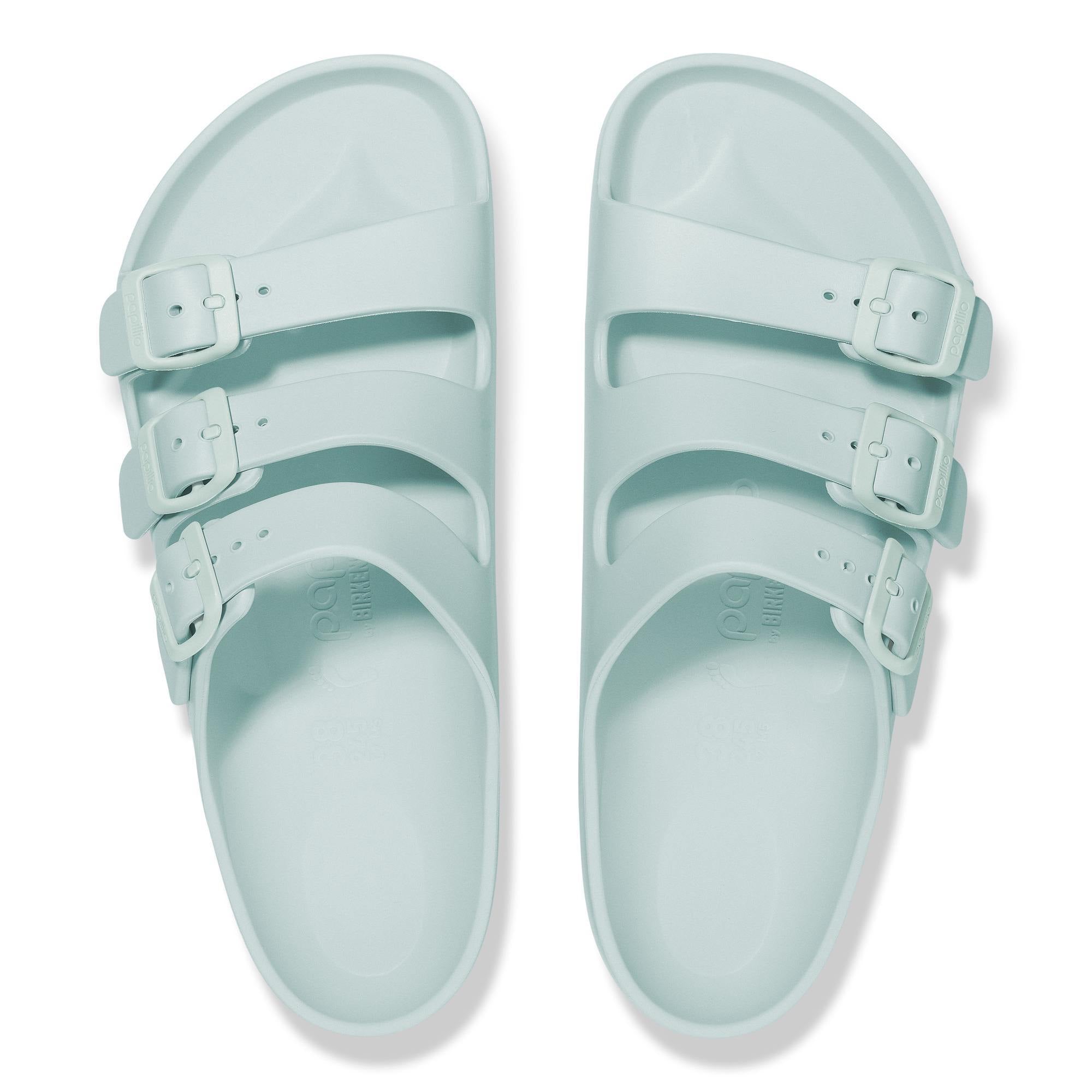 Birkenstock Papillio Florida EVA III Flex Platform sandals in surf green with adjustable buckle straps and arch support.