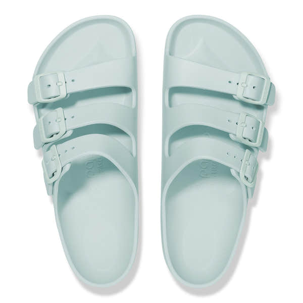Birkenstock Papillio Florida EVA III Flex Platform sandals in surf green with adjustable buckle straps and arch support.