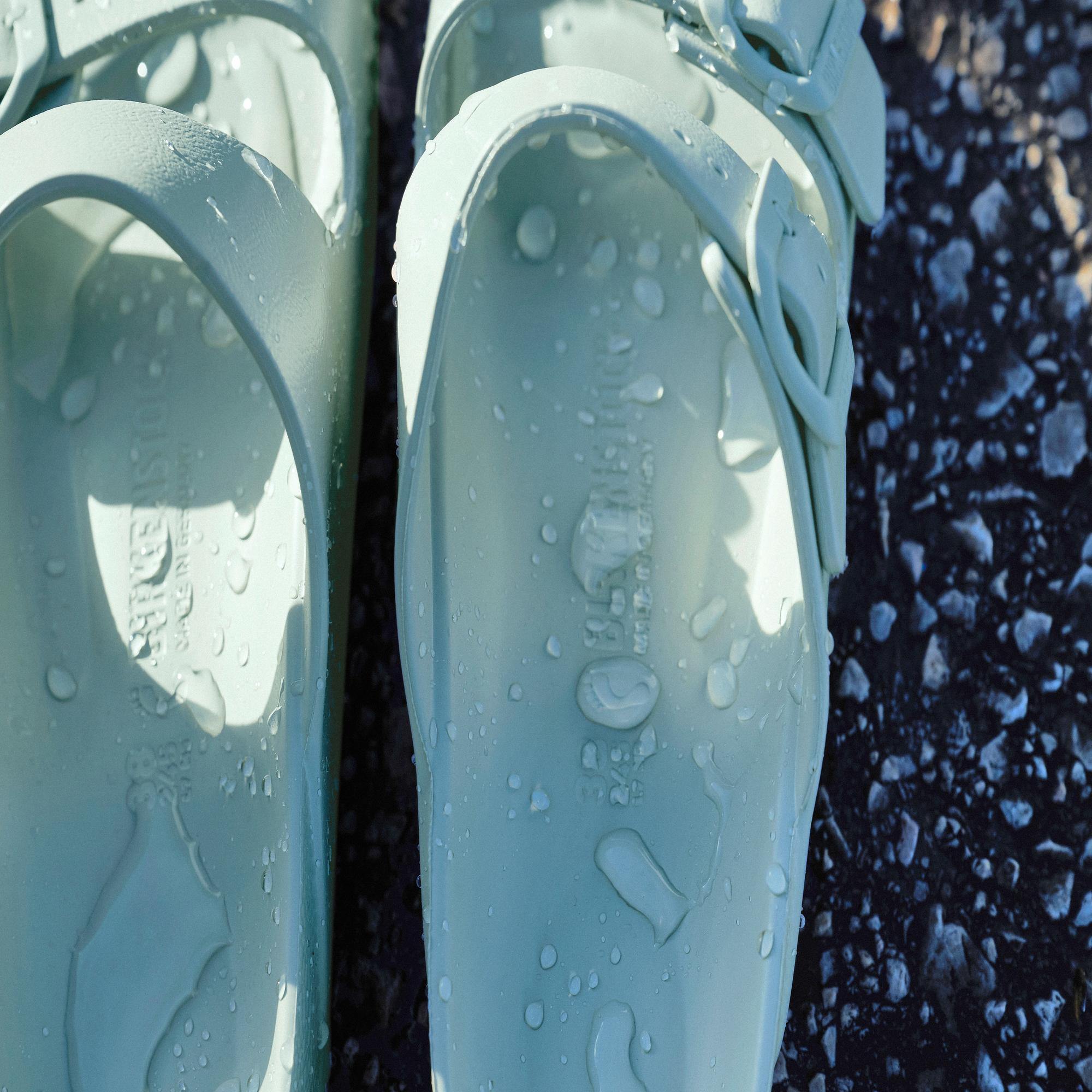 Birkenstock Papillio Florida EVA III Flex platform sandals in surf green with arch support and buckle, water-resistant design.