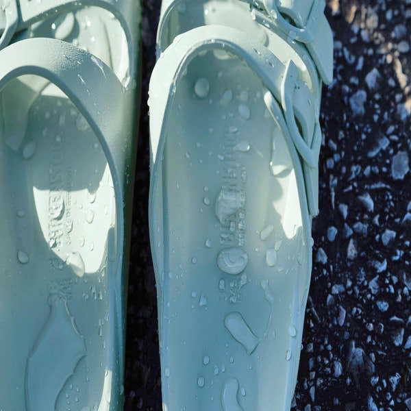Birkenstock Papillio Florida EVA III Flex platform sandals in surf green with arch support and buckle, water-resistant design.