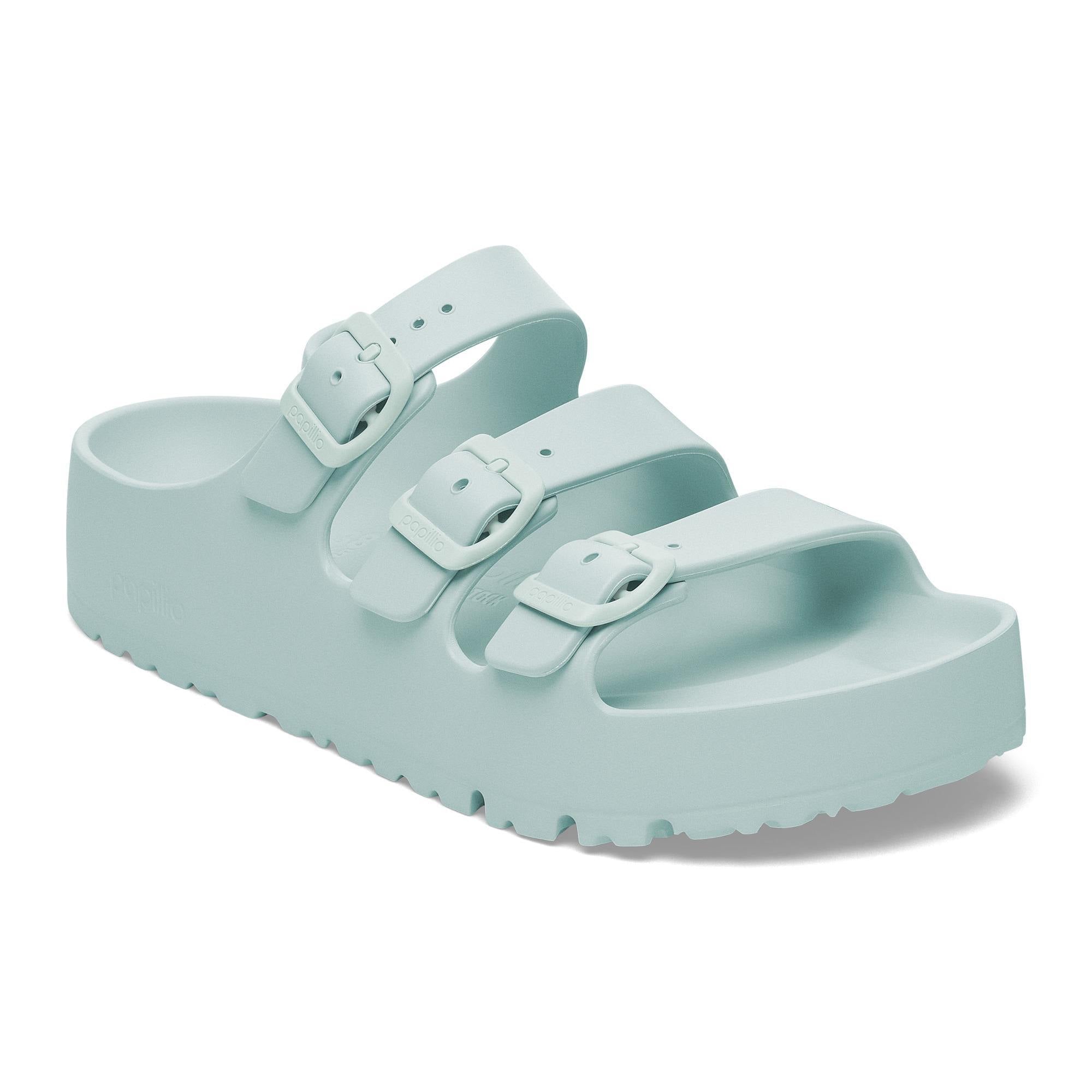 Women's Birkenstock Papillio Florida EVA III Flex Platform sandals in surf green with three buckle straps and arch support.