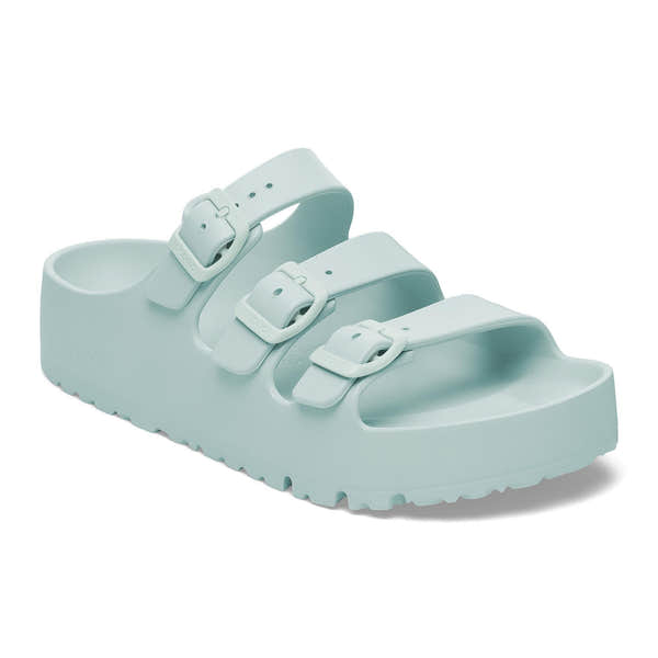 Women's Birkenstock Papillio Florida EVA III Flex Platform sandals in surf green with three buckle straps and arch support.