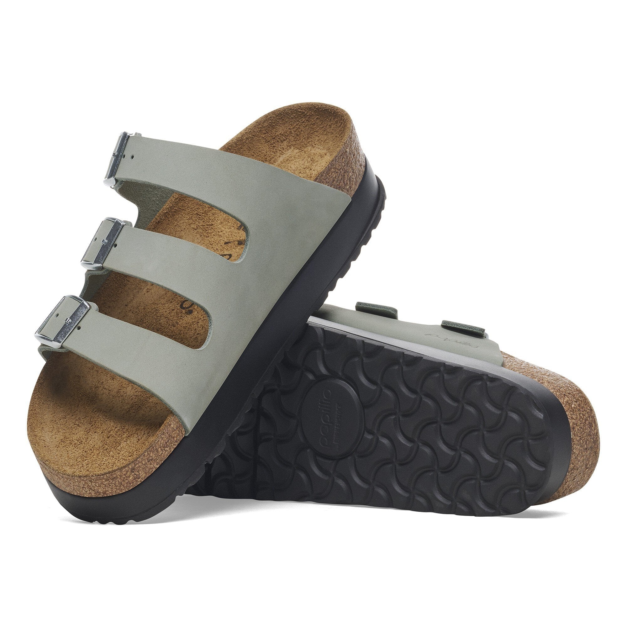 Birkenstock Papillio Florida III Fleece Platform women's narrow leather slide sandals with arch support and buckle in pure sage.