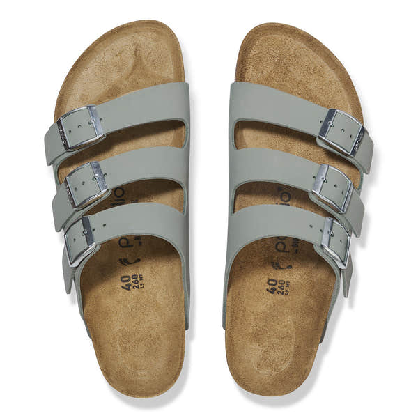 Birkenstock Papillio Florida III Flex Platform women's narrow buckle sandals in pure sage leather with arch support and three adjustable straps.