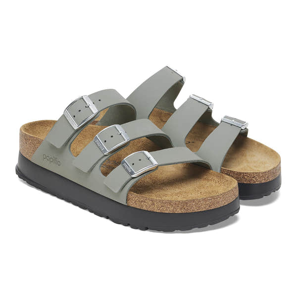 Birkenstock Papillio Florida III Flex Platform narrow women's leather sandals with arch support, buckle straps, and cork footbed in pure sage color.