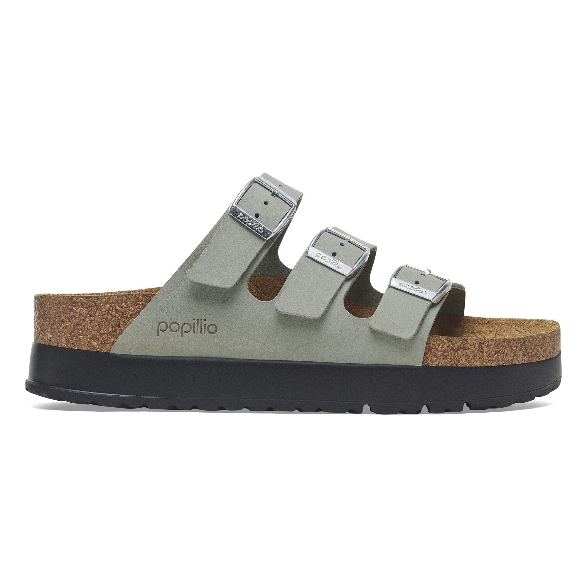 Birkenstock Papillio Florida III Flex platform women's narrow sandals with sage leather straps, buckle closure, cork footbed, and arch support.